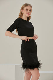Jacinthe Siyah Üst Kıssa Kollu Crop-ucu Otriş Tüylü Etek Kadın Takım