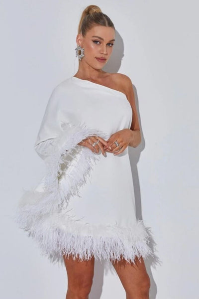 Marguerite-ıv Kol Ucu Tüylü Asimetrik Kesimli Tek Kol Mini Elbise